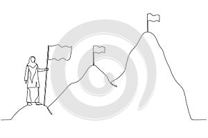 Cartoon of muslim woman enterpreneur climbing up mountains concept of business development. One line art style