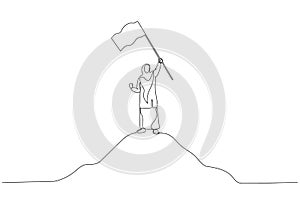 Cartoon of muslim woman enterpreneur and flag on top mountain metaphor for achievement. One line style art