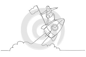 Cartoon of muslim woman enterpreneur holding number one flag standing on flying rocket. One continuous line art style