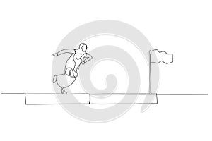 Cartoon of muslim woman enterpreneur run on progress bar to achieve success flag concept of progress. One line art style