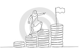 Cartoon of muslim woman enterpreneur step climbing money coin stack aiming to achieve target reach financial goal. One line art