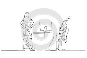 Cartoon of muslim woman falling asleep at work time get caught by boss concept of slacking off. Single line art style