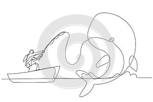 Cartoon of muslim woman get big fish whale concept of catching big profit. One line style art