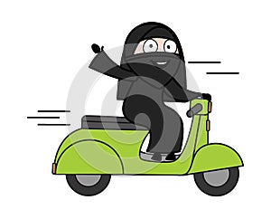 Cartoon Muslim Woman Riding Scooter