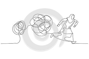Cartoon of muslim woman running away from tangled line ball concept of avoid problem. Single continuous line art
