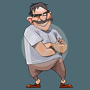 Cartoon mustached dissatisfied man stands with his arms folded