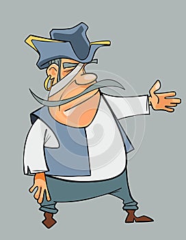 Cartoon mustached man dressed in pirate shows his hand towards