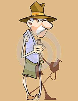 Cartoon mustachioed grandfather with the help of sticks to walk