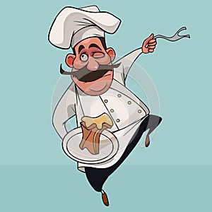Cartoon mustachioed man in cook clothes with a dish in his hand
