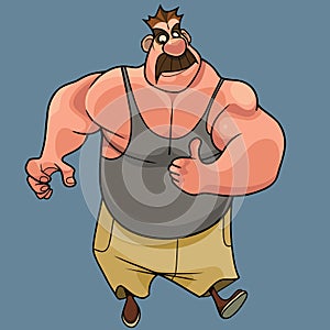 Cartoon mustachioed muscular man bodybuilder in tank top showing thumbs up