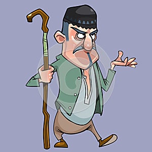 Cartoon mustachioed shepherd man with a staff in his hand