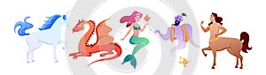 Cartoon mythology collection with myth fairy tale characters, fantastic beasts and monsters, mermaid centaur unicorn