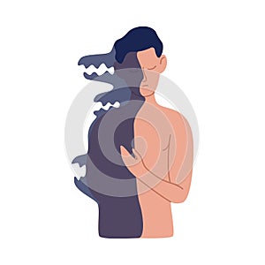 Cartoon naked man posing with half shadow body vector flat illustration. Duality male having dark side of personality photo