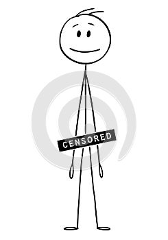 Cartoon of Naked or Nude Man with Censored Bar or Sign Covering Penis, Genitalia, Groin or Crotch