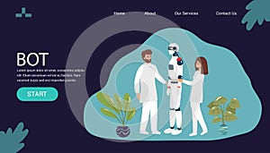 Cartoon Nano Tech Research Center for AI Creation. Scientists, Assistants, Developers Check Robot Skills, Artificial