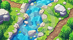 A cartoon narrow riverbed flowing into a wide pool of water with rocks, grass, and bushes on the shoreline. Summer