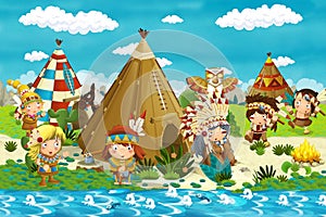 Cartoon native american character near his tee pee in the wilderness