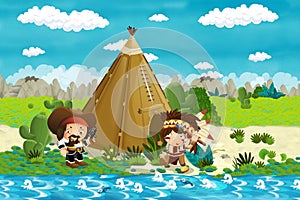 Cartoon native american character near his tee pee in the wilderness and bad cowboy with a gun and his horse