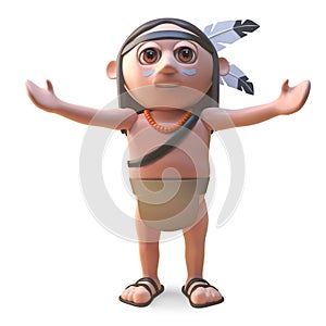 Cartoon Native American Indian with arms outspread, 3d illustration