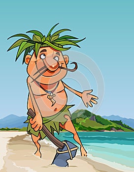 Cartoon natives man with a stone hammer on the seashore