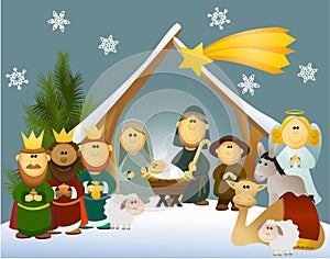 Cartoon nativity scene with holy family