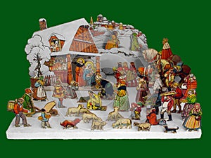 Coloured picture of the Nativity on plywood by painter Josef Wenig