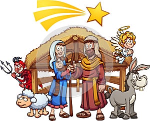 Cartoon nativity scene with shooting star
