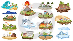 Cartoon natural disasters, flooding, earthquake and snow blizzard. Environment damage extreme weather, hurricane, flooding and