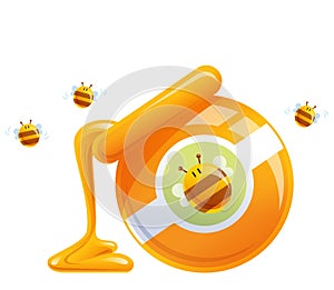 Cartoon natural orange honey in jar dropping and bees