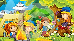 Cartoon nature background with kids having fun in the forest camping with tent
