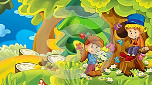 Cartoon nature background with kids having fun in the forest - illustration