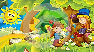 Cartoon nature background with kids having fun in the forest - illustration