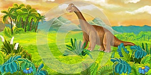 Cartoon nature floral scene with hills and diplodocus