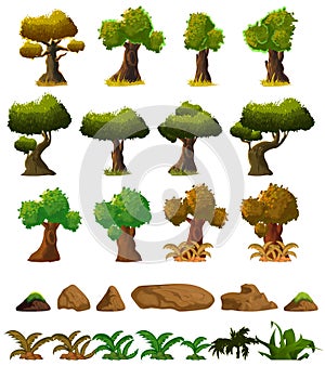 Cartoon nature landscape elements set, trees, stones and grass clip art, isolated on white background