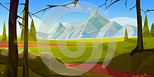 Cartoon nature landscape with mountains and field