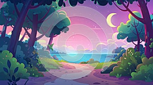 Cartoon nature landscape, summer early morning forest background, path under pink sky with crescent, scenery wood