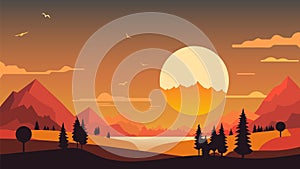 Cartoon nature landscape with sun and mountains. Vector illustration