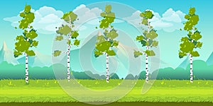Cartoon nature landscape, unending background with trees, mountains and cloudy sky layers. illustration for your design.