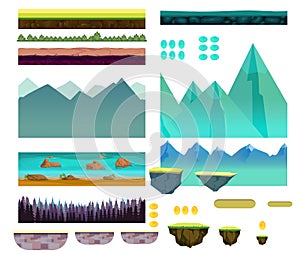 Cartoon nature landscape, vector unending background with ground, hills, river and sky layers. Game elements