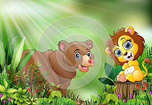 Cartoon of the nature scene with a baby lion sitting on tree stump and bear