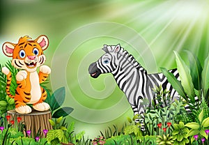 Cartoon of the nature scene with a baby tiger standing on tree stump and zebra