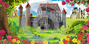 Cartoon nature scene with beautiful castles near the forest