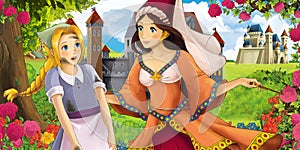 Cartoon nature scene with beautiful castles near the forest with beautiful young princess sorceress and girl - illustration