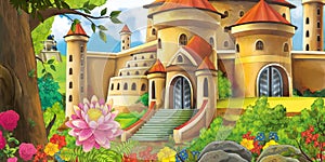 Cartoon nature scene with beautiful castles near the forest - illustration