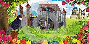 Cartoon nature scene with beautiful castles near the forest and resting cuckoo bird