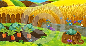 Cartoon nature scene - farm fields - empty stage for different usage photo