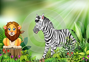 Cartoon of the nature scene with a lion sitting on tree stump and zebra