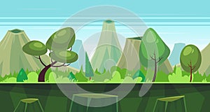 Cartoon nature seamless landscape with trees and mountains