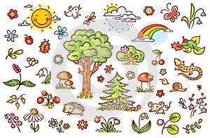 Návrh maľby príroda sada stromy kvety bobule a malé les zvieratá 