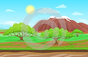 Cartoon nature spring summer landscape in sun day